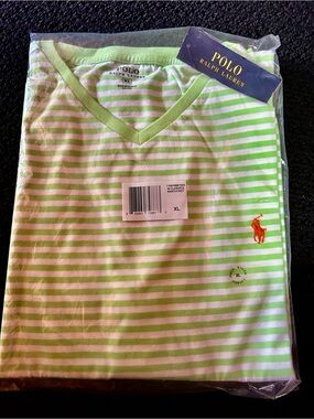 Polo by Ralph Lauren Classic Nantucket Lime Green/White Striped V-Neck Shirt